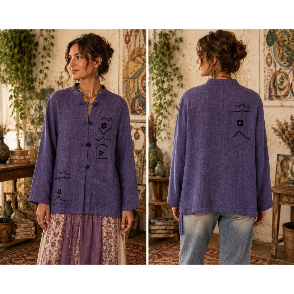 Boho Chic Y2K Vintage Minimalist Art Bets Purple LinenBlend Embroidered M Jacket